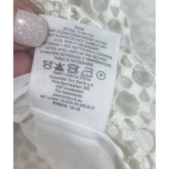 Tory Burch Crescent Guipure Lace Pleated Back Short Sleeve Top Off‎ White Size 4 - Picture 9 of 9